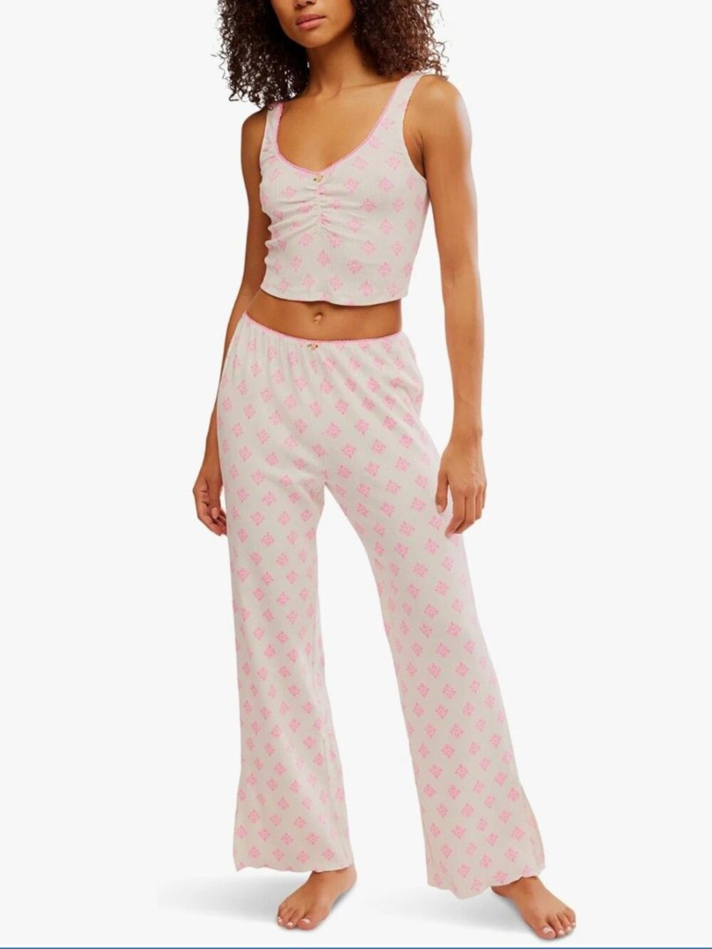 Free People Intimately Fresh In Love Lounge Set Ivory Pink Combo Size L
